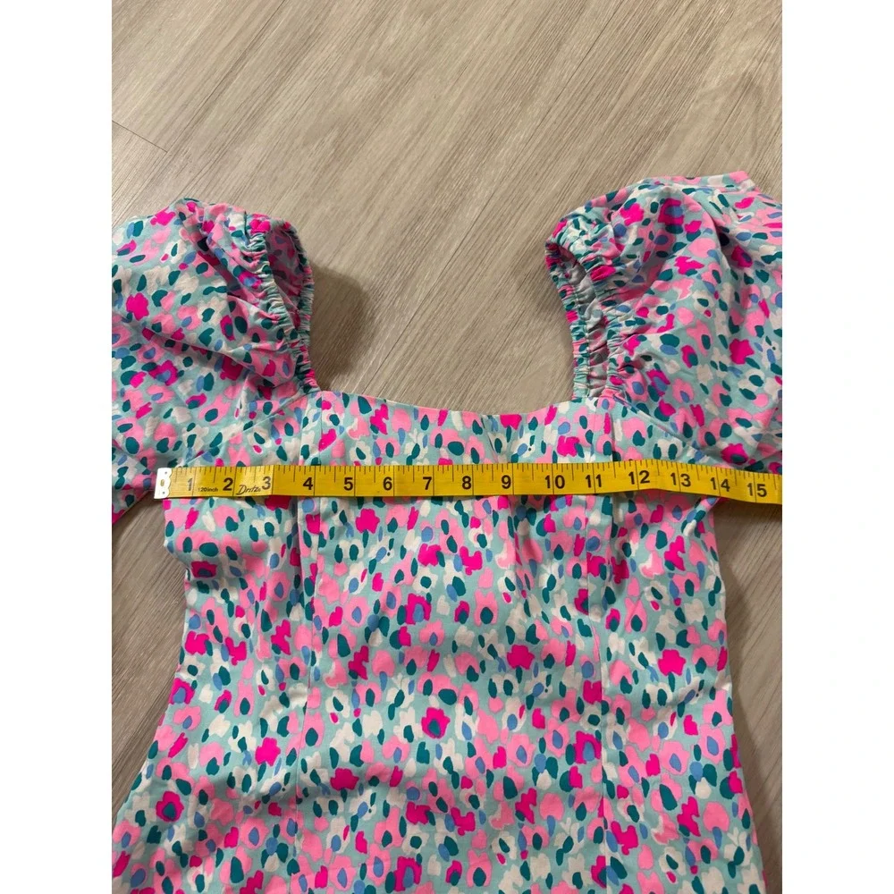 Lilly Pulitzer Pink Blue Puff Sleeve Square Neck Smocked Back Top Size 0